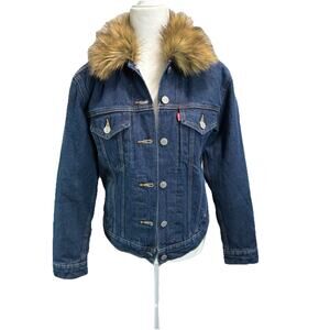 Levi’s Ex-boyfriend Trucker Denim Jacket Faux Fur Collar Quilted Dark Blue Sz XS